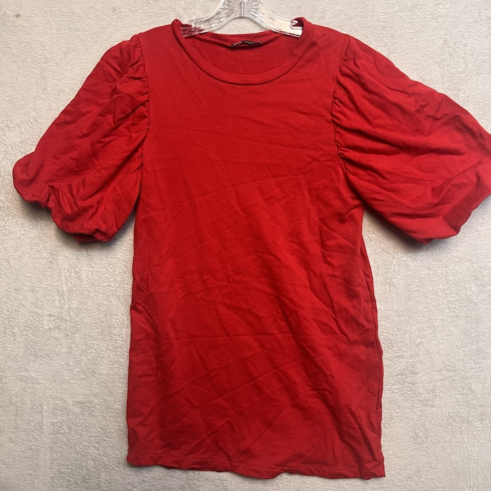 ZARA Red Puff Short Sleeve Sweatshirt Mini Dress Medium Crew Neck Solid C1000‎